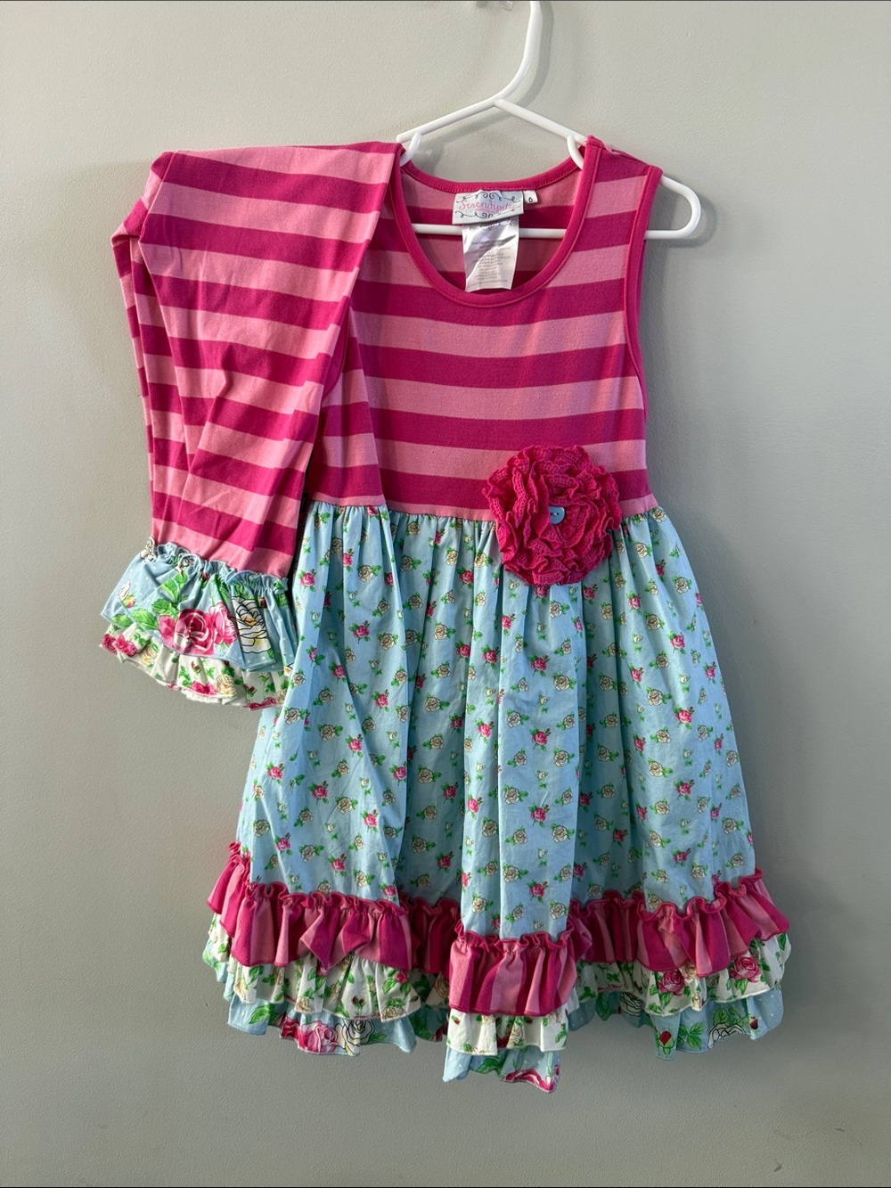 Girls Pink Striped Top with Blue Floral Ruffle Dress